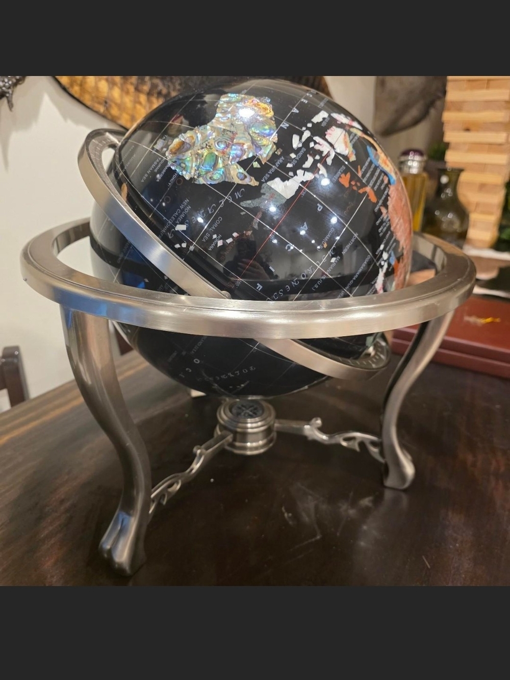 Black World Globe with Metallic Silver Meridian